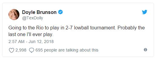 Doyle Brunson纠正媒体对其退休的报道：“只是可能不再打WSOP赛事了”