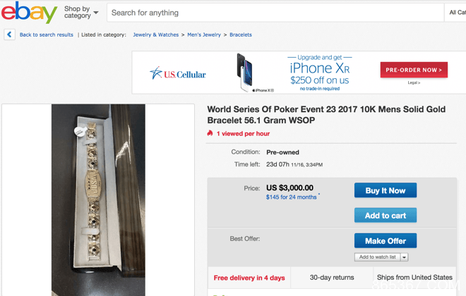 2017 WSOP马拉松赛事金手链惊现eBay，起拍价$3,000